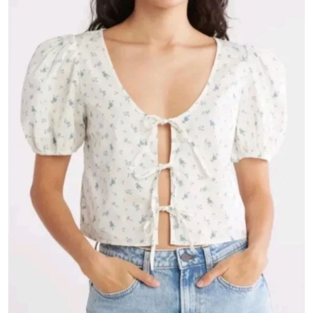 Abound Floral Puff Sleeve Tie Front Top White Blue XXS